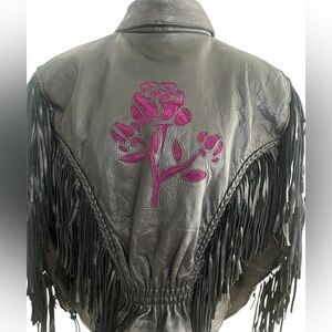 UNIK 1980s Black Leather Biker Jacket
Fringe Purple Rose Inlays Zip Out …